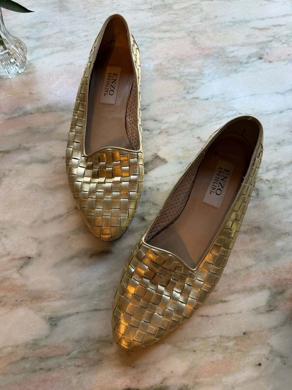 Enzo Angiolini Gold Metallic Woven Leather Pointed Toe Flats